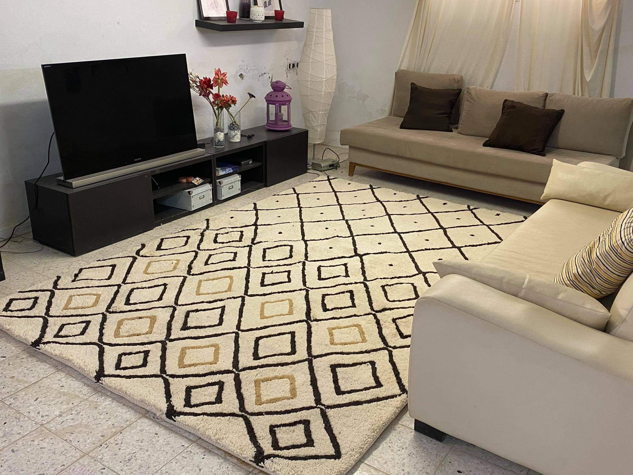 Grand tapis beige pour un salon chaleureux